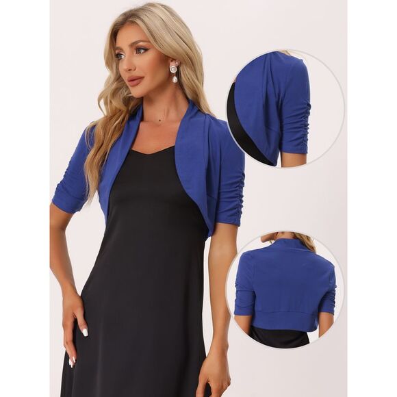 Short Sleeve Shrugs Ruched Sleeve Open Front Cropped Bolero Royal Blue - Picture 2 of 5